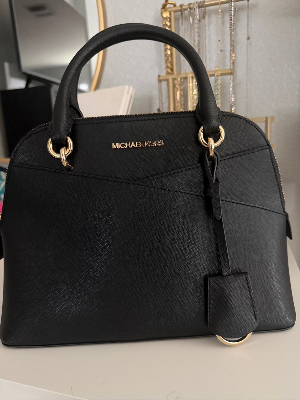 Michael Kors Black Saffiano Dome Satchel with Gold Hardware
